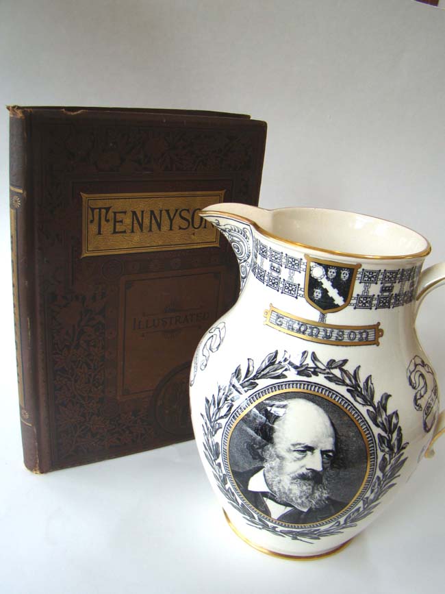 A fabulous Wedgwood pitcher circa 1892 celebrating Alfred Lord Tennyson along with the Works of Tennyson published in 1885